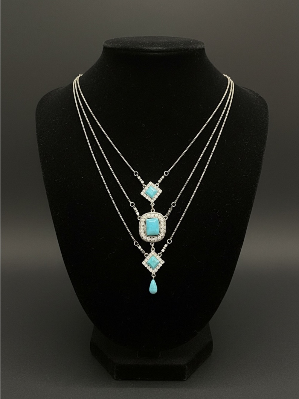 Layered Turquoise Necklace Boho Western Silver Tone Statement 17.5”